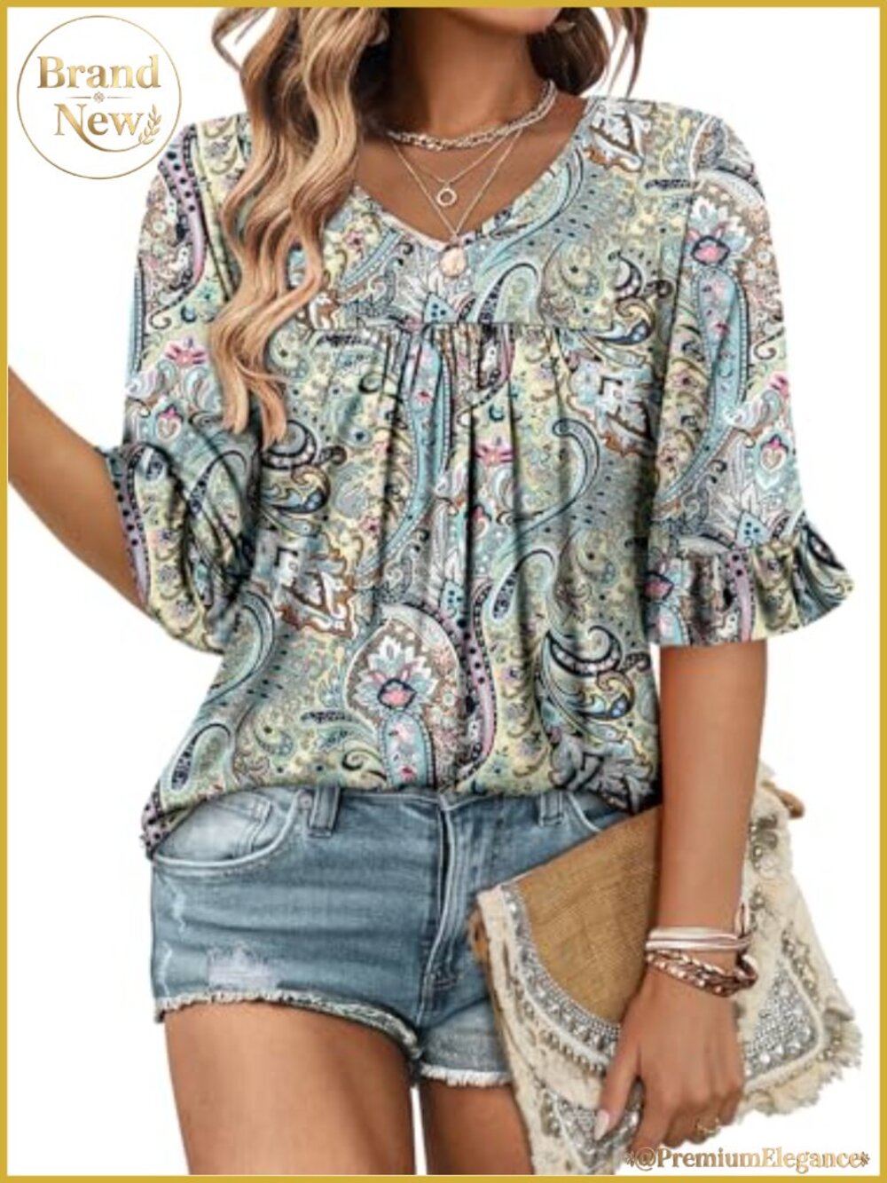 Women's 3/4 Bell Sleeve Boho Tunic Top - Floral